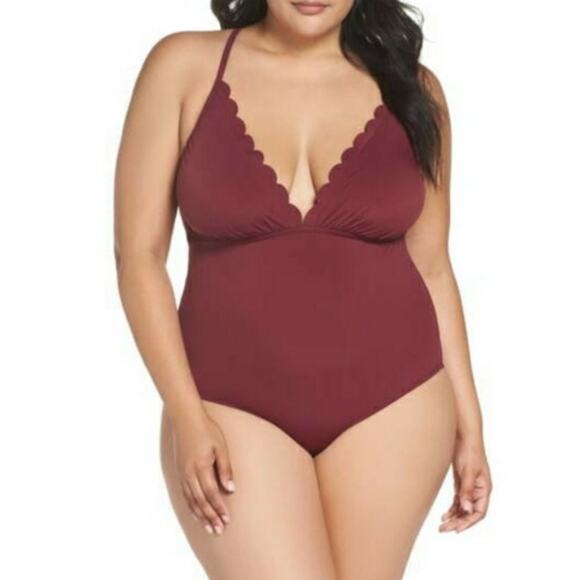 La Blanca Scalloped V-Neck One-Piece Swimsuit Women's Size 10 Maroon Lace-Up - Picture 1 of 13